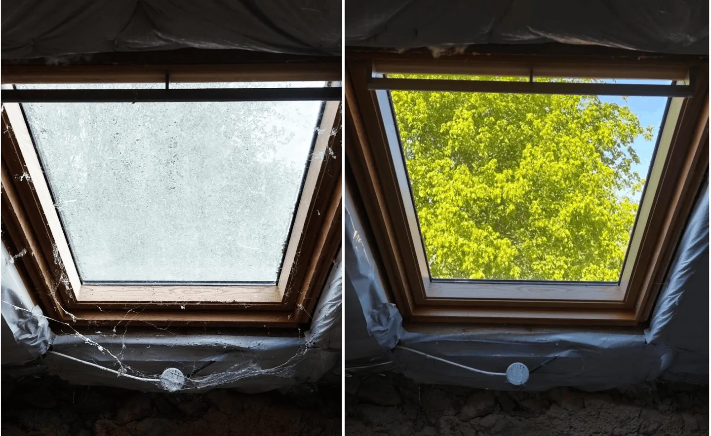 Avant et après le nettoyage d’une fenêtre de toit Velux à Vigoux